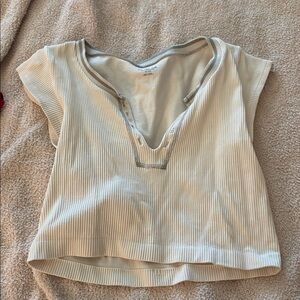 Cream Ribbed V-Neck Top